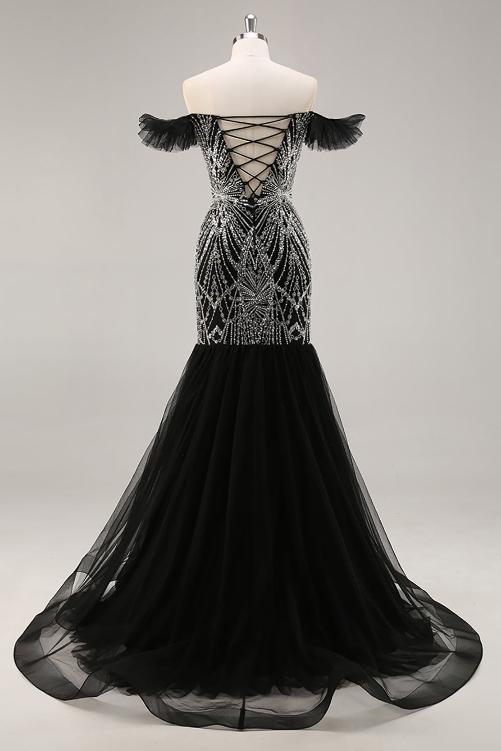 Sparkly Beaded Mermaid Ruffled Black Long Formal Dress with Sequins