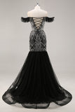 Sparkly Beaded Mermaid Ruffled Black Long Formal Dress with Sequins