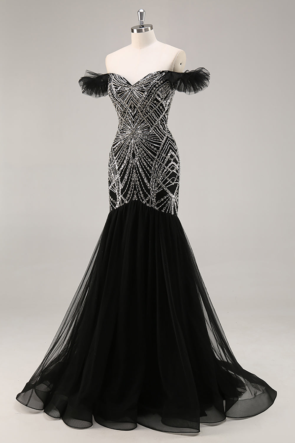 Sparkly Beaded Mermaid Ruffled Black Long Formal Dress with Sequins