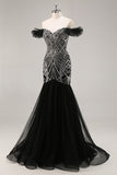 Sparkly Beaded Mermaid Ruffled Black Long Formal Dress with Sequins