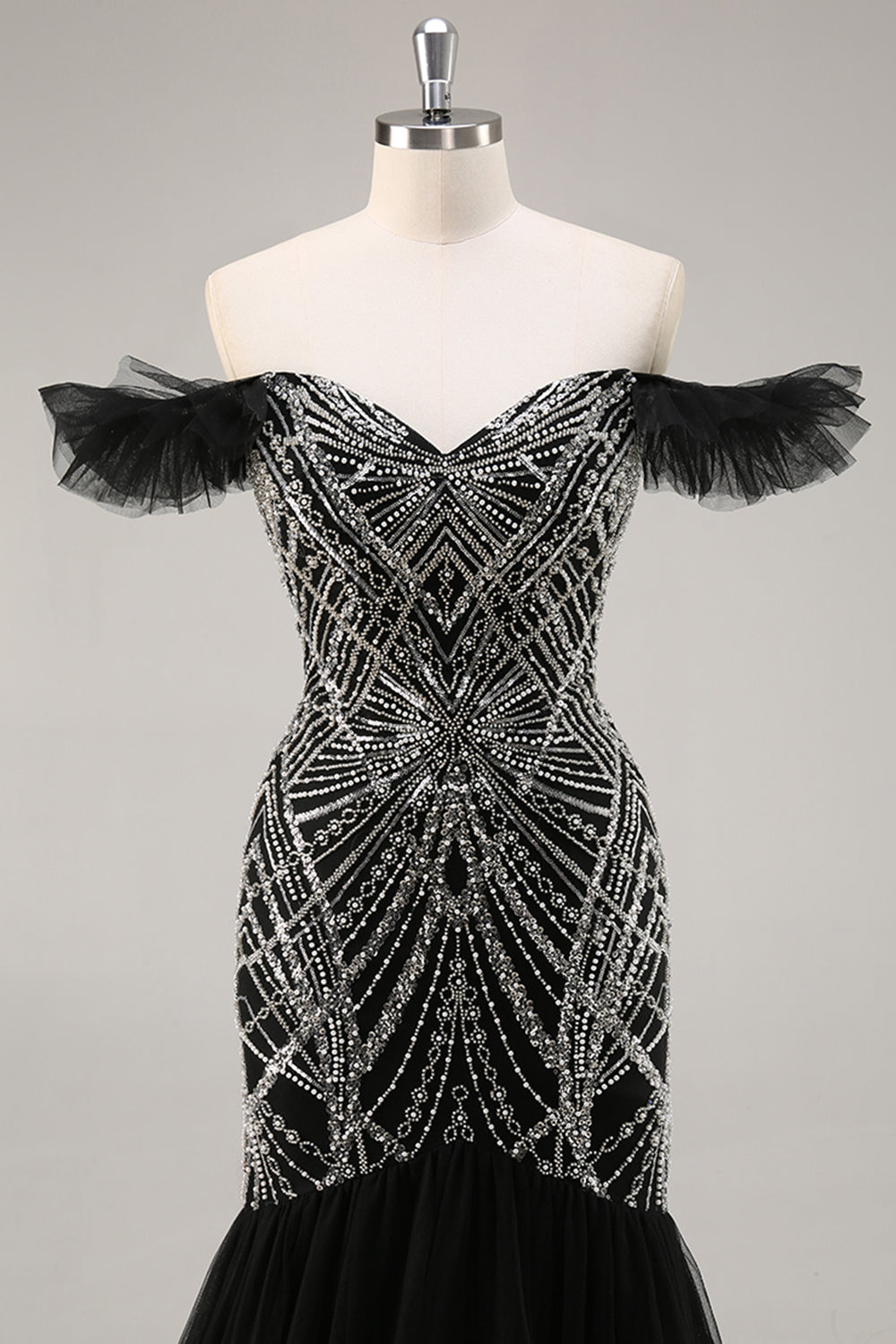 Sparkly Beaded Mermaid Ruffled Black Long Formal Dress with Sequins