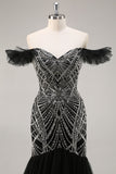 Sparkly Beaded Mermaid Ruffled Black Long Formal Dress with Sequins