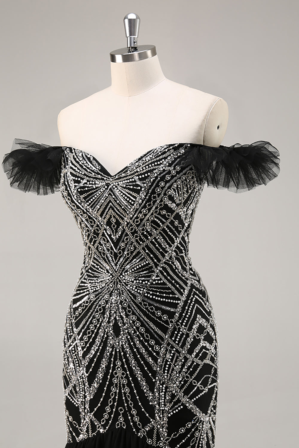 Sparkly Beaded Mermaid Ruffled Black Long Formal Dress with Sequins