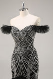 Sparkly Beaded Mermaid Ruffled Black Long Formal Dress with Sequins