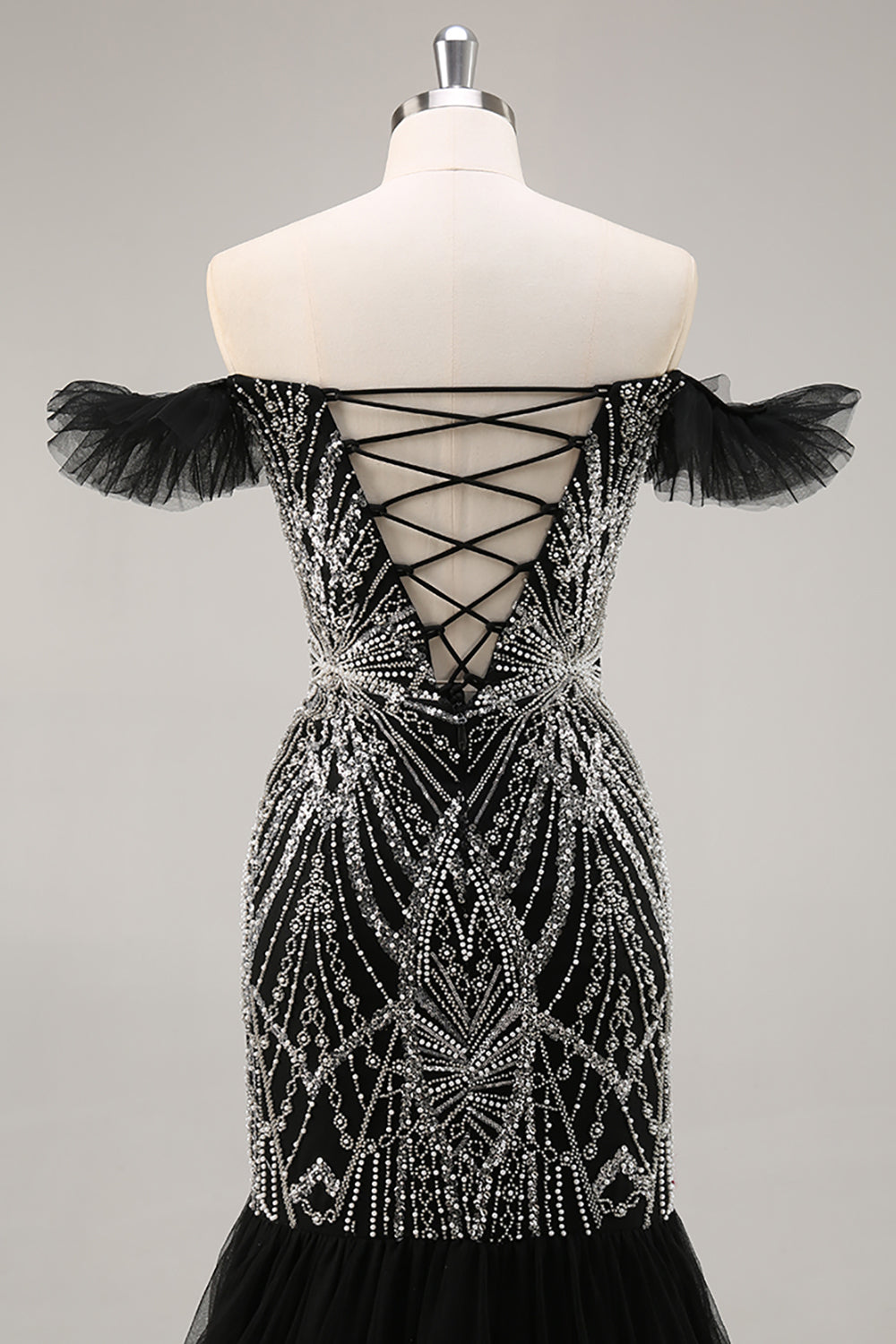 Sparkly Beaded Mermaid Ruffled Black Long Formal Dress with Sequins