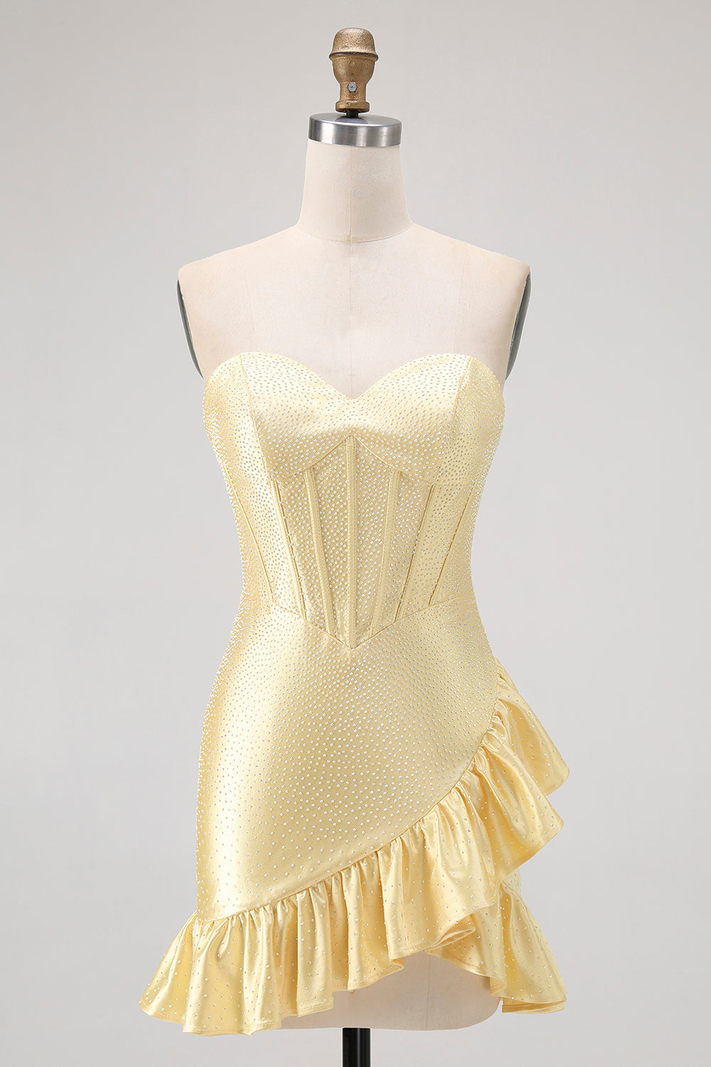 Sparkly Yellow Tight Sweetheart Corset Beaded Short Cocktail Dress with Ruffles