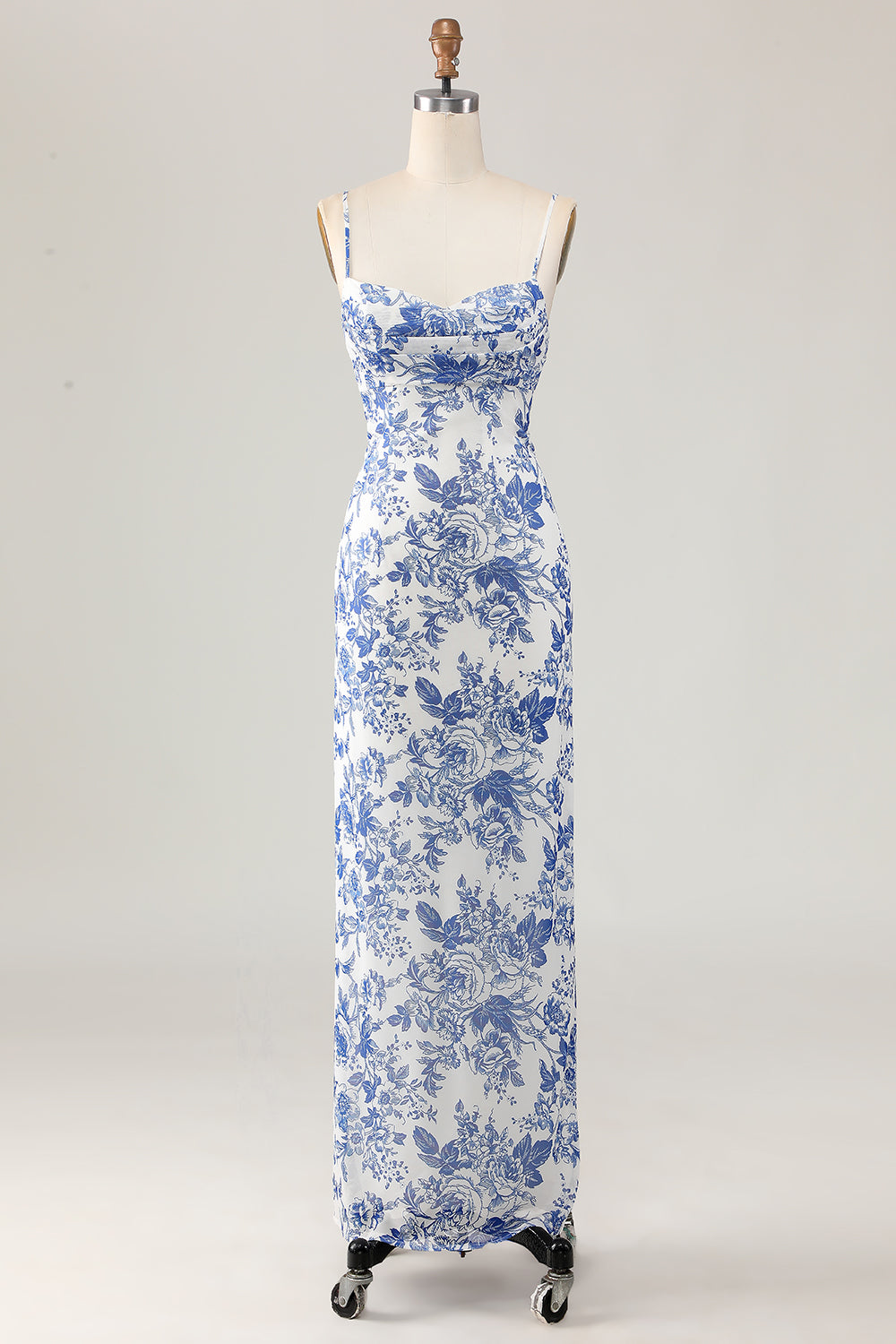 White Blue Printed Floral Spaghetti Straps Long Bridesmaid Dress