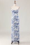 White Blue Printed Floral Spaghetti Straps Long Bridesmaid Dress