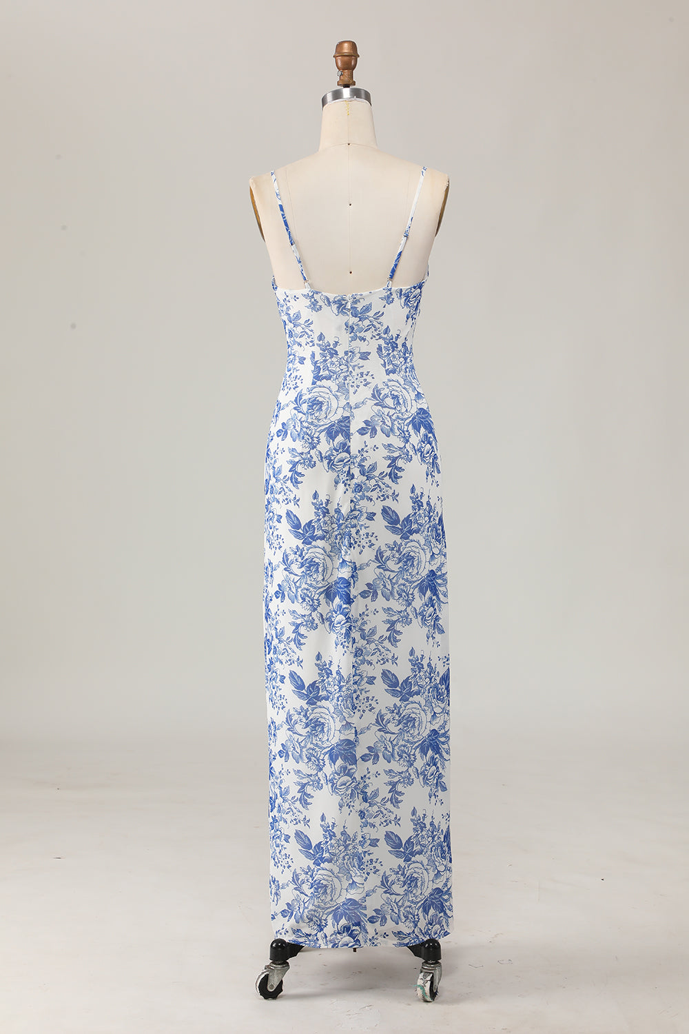 White Blue Printed Floral Spaghetti Straps Long Bridesmaid Dress