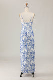 White Blue Printed Floral Spaghetti Straps Long Bridesmaid Dress