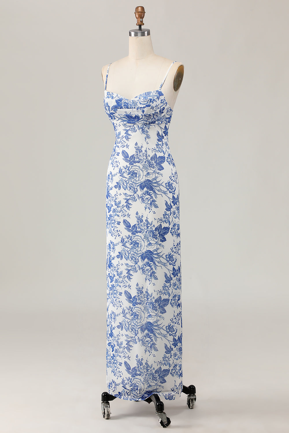 White Blue Printed Floral Spaghetti Straps Long Bridesmaid Dress
