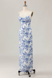 White Blue Printed Floral Spaghetti Straps Long Bridesmaid Dress