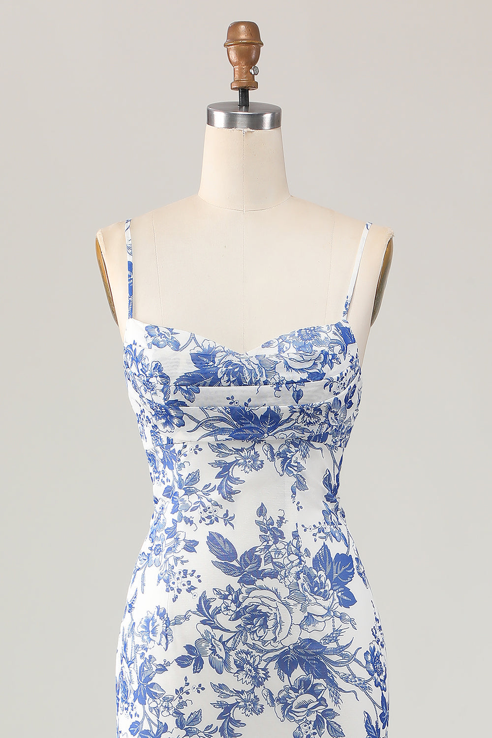 White Blue Printed Floral Spaghetti Straps Long Bridesmaid Dress