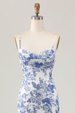 White Blue Printed Floral Spaghetti Straps Long Bridesmaid Dress