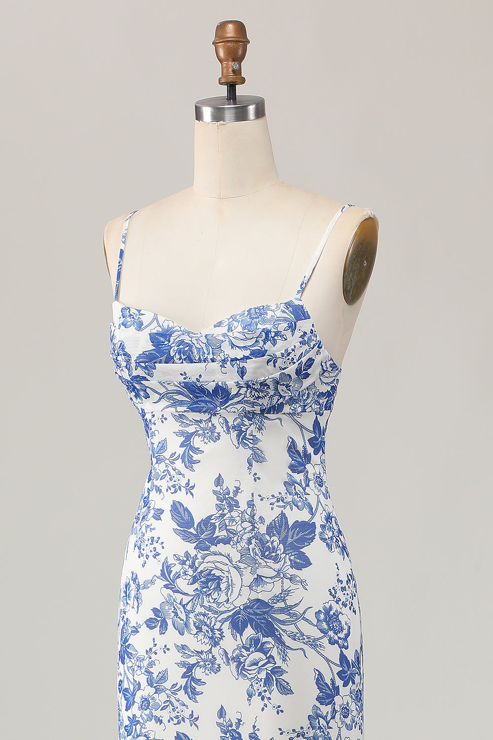 White Blue Printed Floral Spaghetti Straps Long Bridesmaid Dress