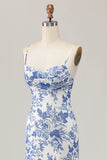 White Blue Printed Floral Spaghetti Straps Long Bridesmaid Dress