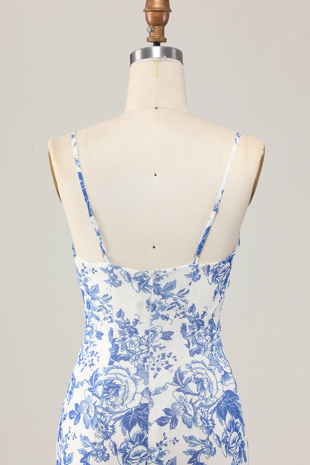 White Blue Printed Floral Spaghetti Straps Long Bridesmaid Dress