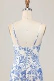 White Blue Printed Floral Spaghetti Straps Long Bridesmaid Dress