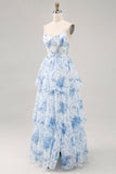 White Blue Flower Corset A Line Printed Long Bridesmaid Dress with Slit