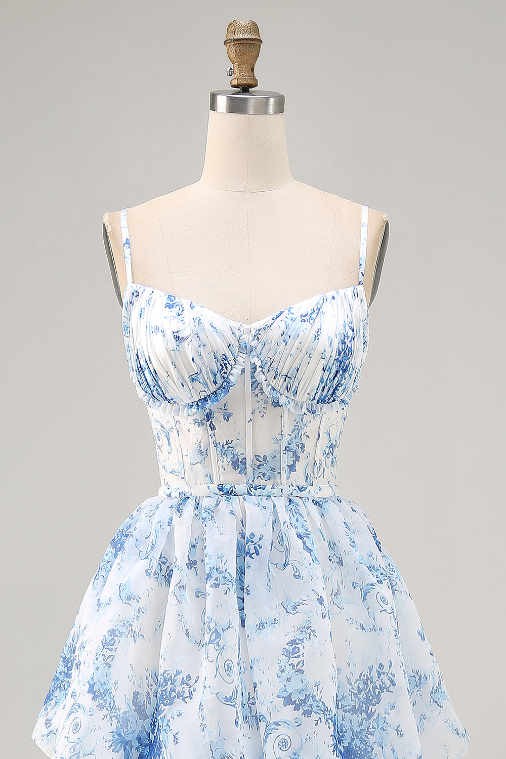 White Blue Flower Corset A Line Printed Long Bridesmaid Dress with Slit