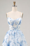 White Blue Flower Corset A Line Printed Long Bridesmaid Dress with Slit