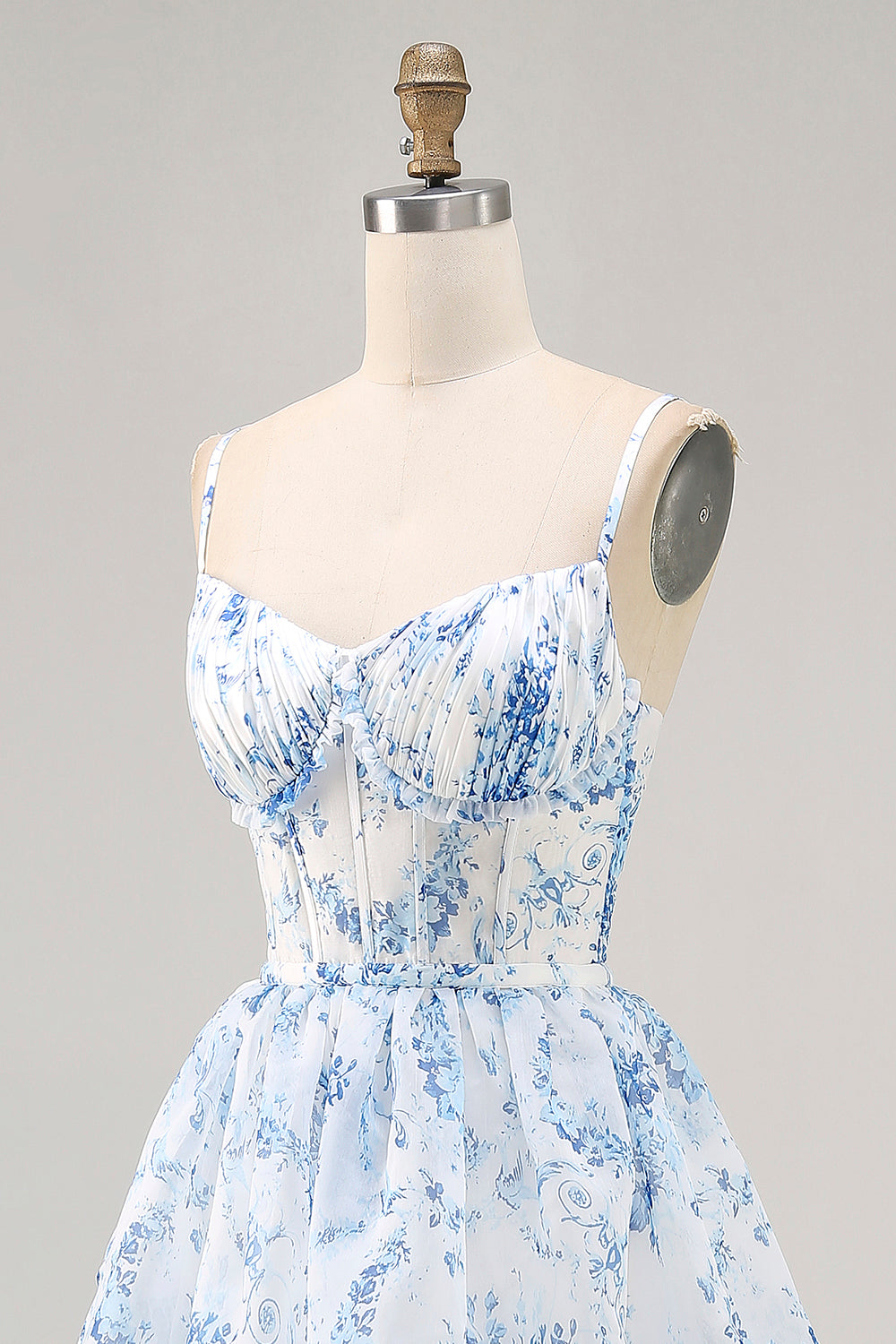 White Blue Flower Corset A Line Printed Long Bridesmaid Dress with Slit