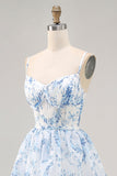 White Blue Flower Corset A Line Printed Long Bridesmaid Dress with Slit