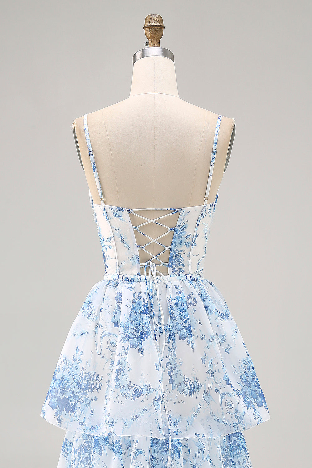 White Blue Flower Corset A Line Printed Long Bridesmaid Dress with Slit