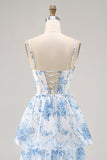 White Blue Flower Corset A Line Printed Long Bridesmaid Dress with Slit