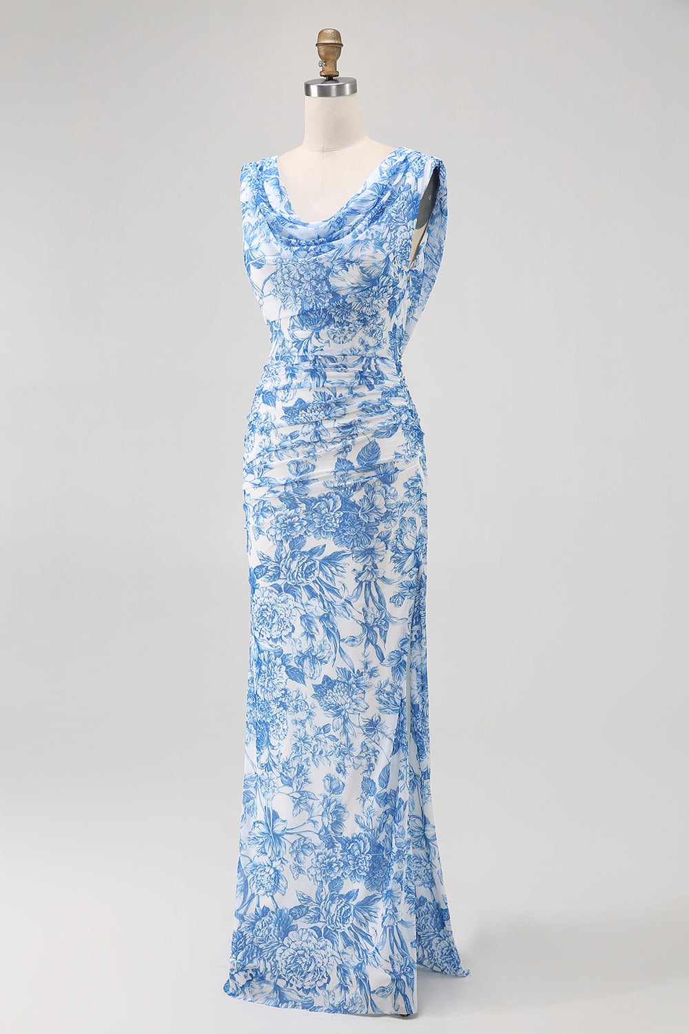 Blue Flower Cowl Neck Sheath Printed Long Bridesmaid Dress with Slit