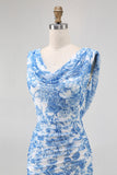 Blue Flower Cowl Neck Sheath Printed Long Bridesmaid Dress with Slit