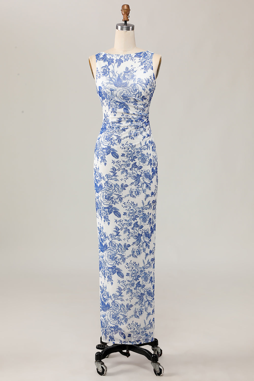 White Blue Floral Printed Sheath Long Bridesmaid Dress