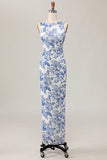 White Blue Floral Printed Sheath Long Bridesmaid Dress