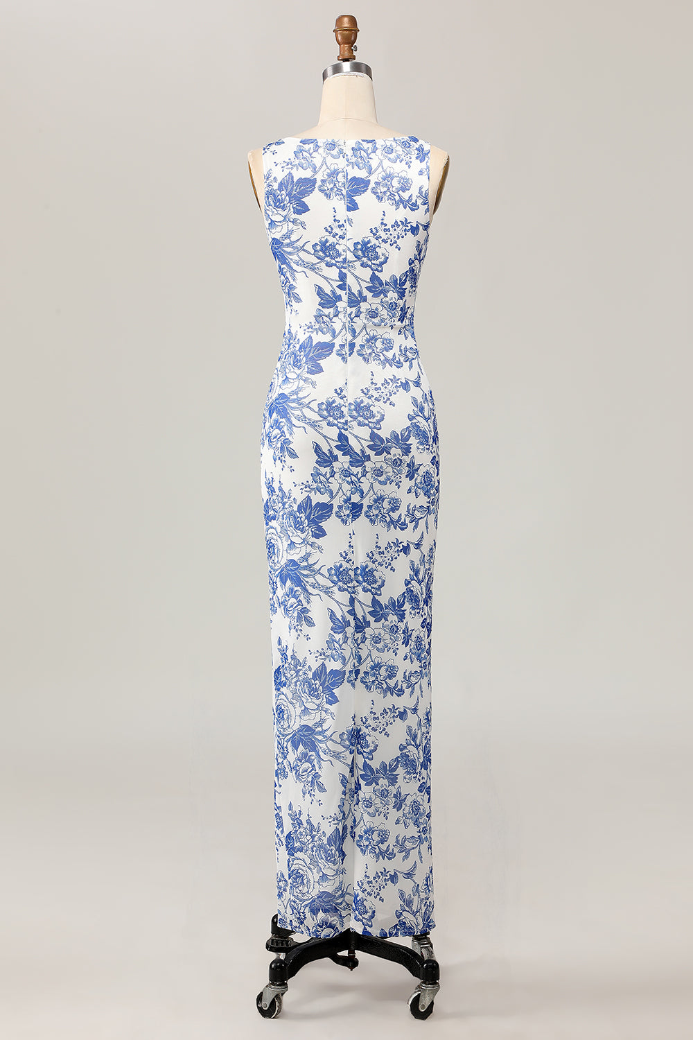 White Blue Floral Printed Sheath Long Bridesmaid Dress