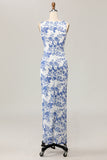 White Blue Floral Printed Sheath Long Bridesmaid Dress