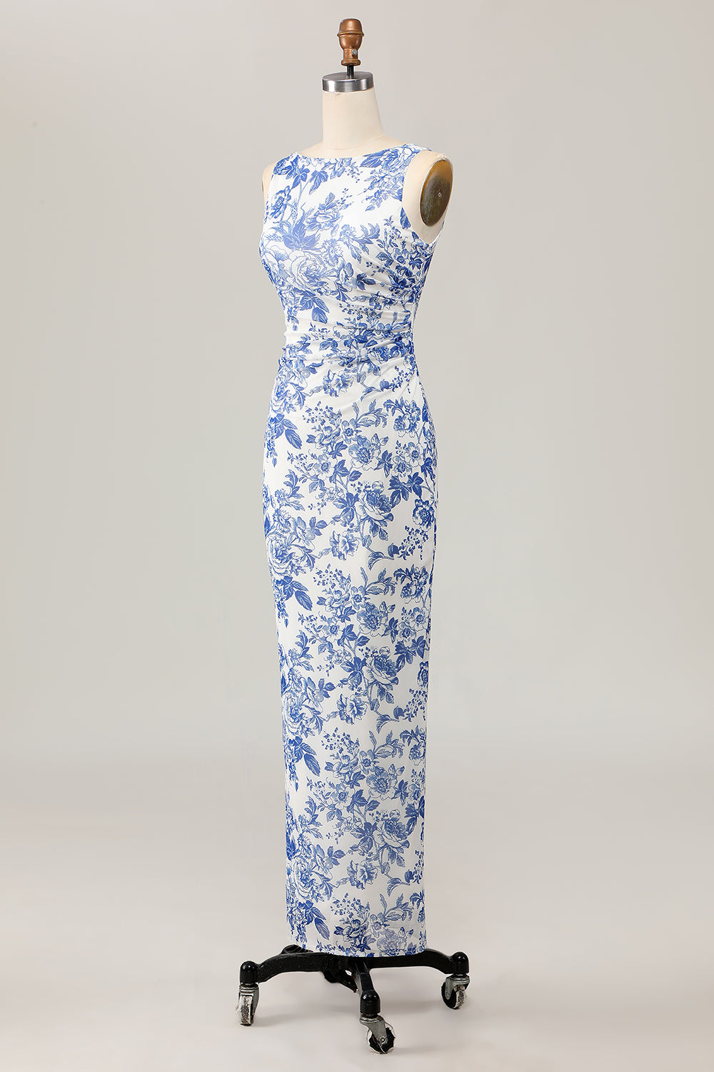White Blue Floral Printed Sheath Long Bridesmaid Dress
