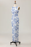 White Blue Floral Printed Sheath Long Bridesmaid Dress