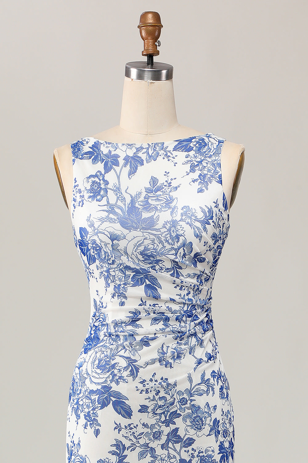 White Blue Floral Printed Sheath Long Bridesmaid Dress