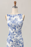 White Blue Floral Printed Sheath Long Bridesmaid Dress