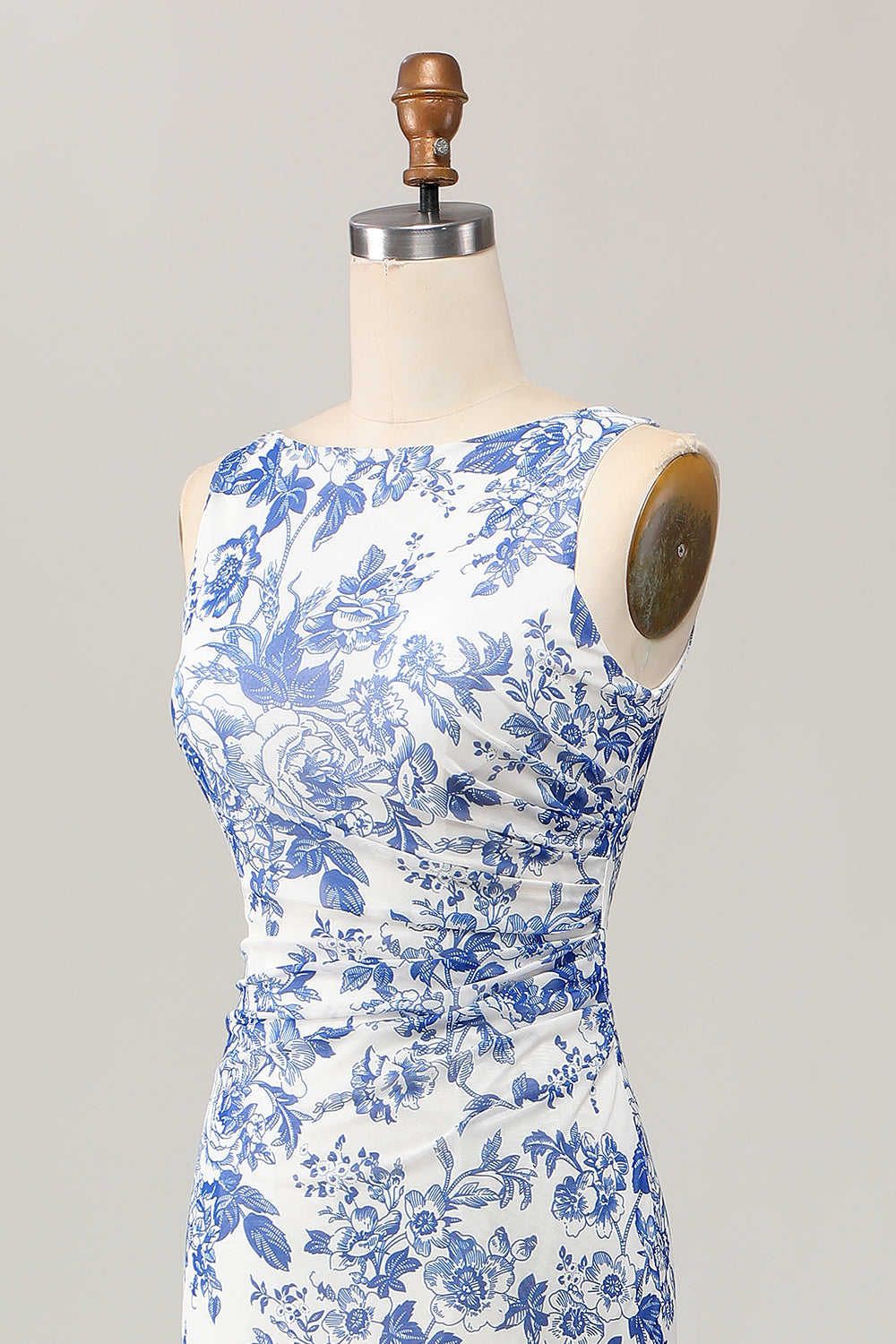 White Blue Floral Printed Sheath Long Bridesmaid Dress