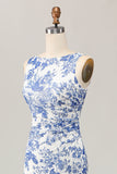 White Blue Floral Printed Sheath Long Bridesmaid Dress