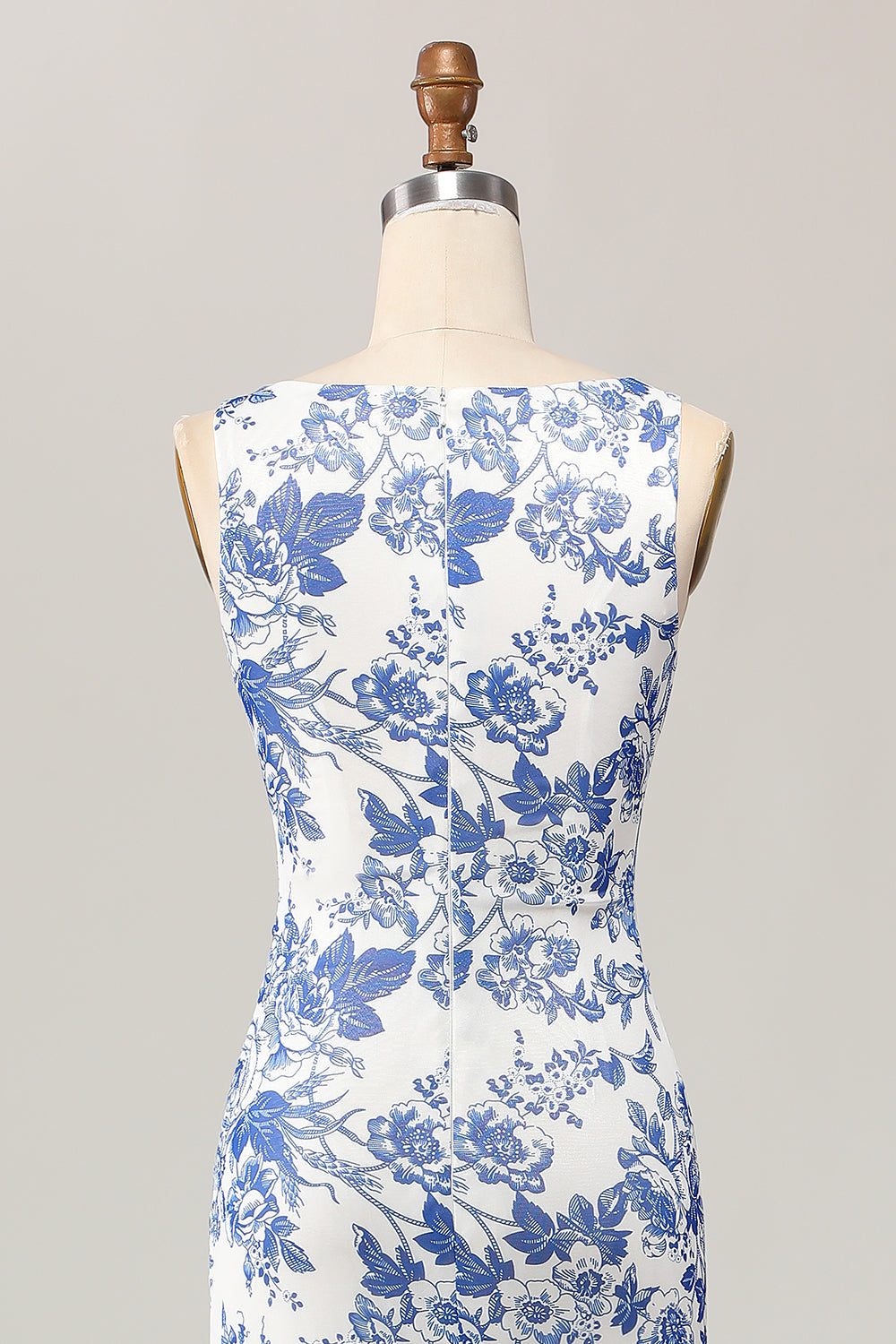 White Blue Floral Printed Sheath Long Bridesmaid Dress