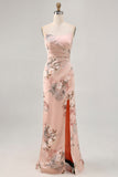 Blush Floral Strapless Sheath Long Bridesmaid Dress with Slit