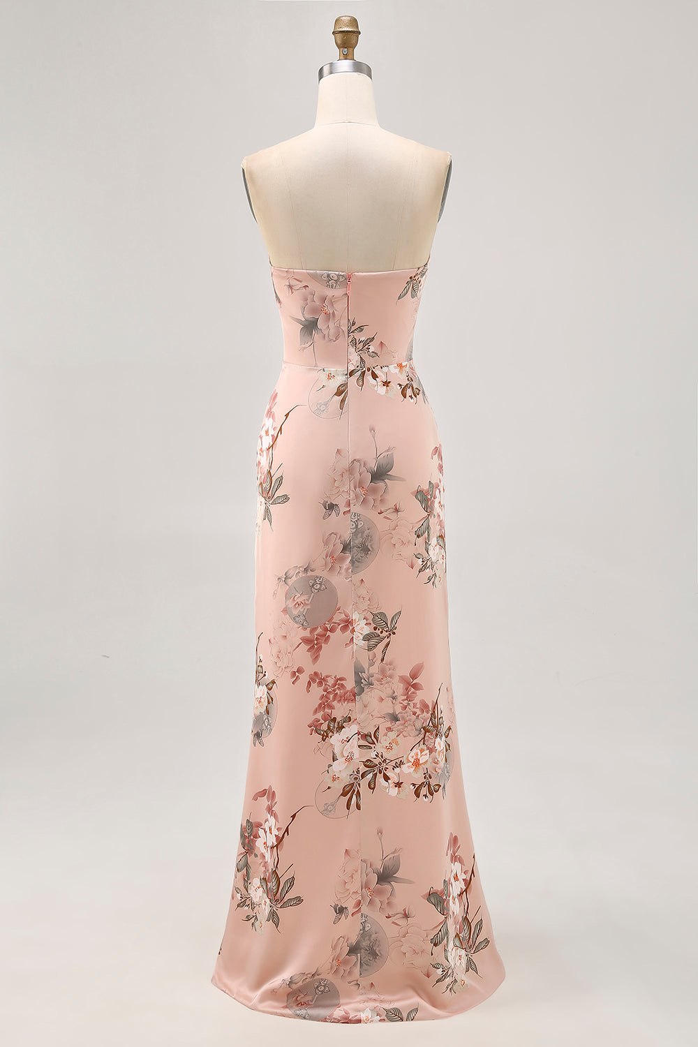 Blush Floral Strapless Sheath Long Bridesmaid Dress with Slit