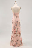 Blush Floral Strapless Sheath Long Bridesmaid Dress with Slit
