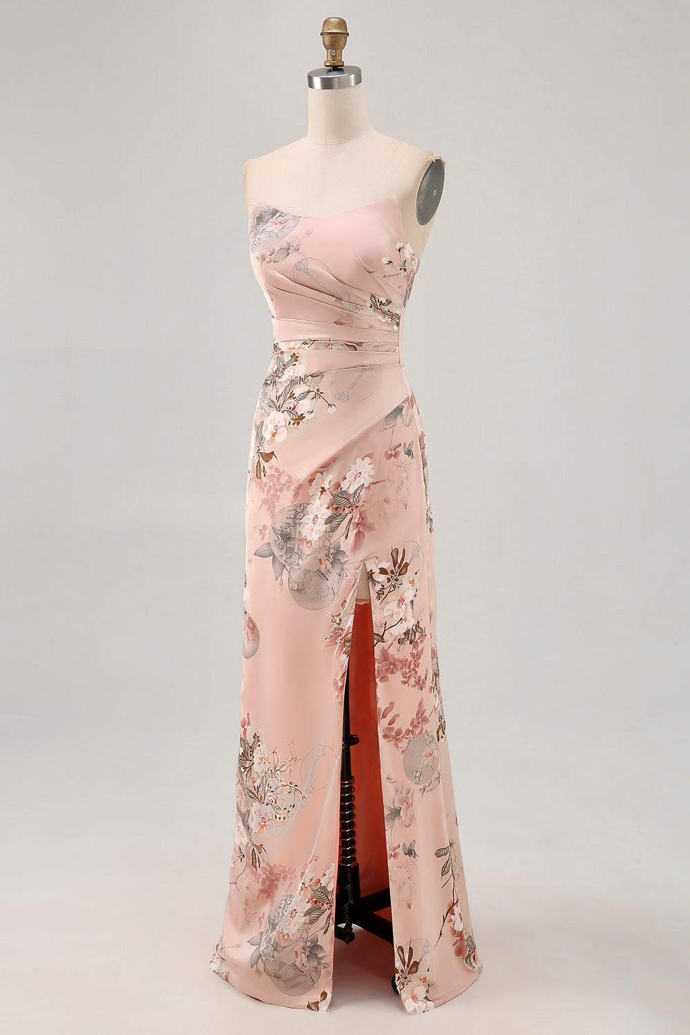 Blush Floral Strapless Sheath Long Bridesmaid Dress with Slit
