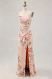 Blush Floral Strapless Sheath Long Bridesmaid Dress with Slit