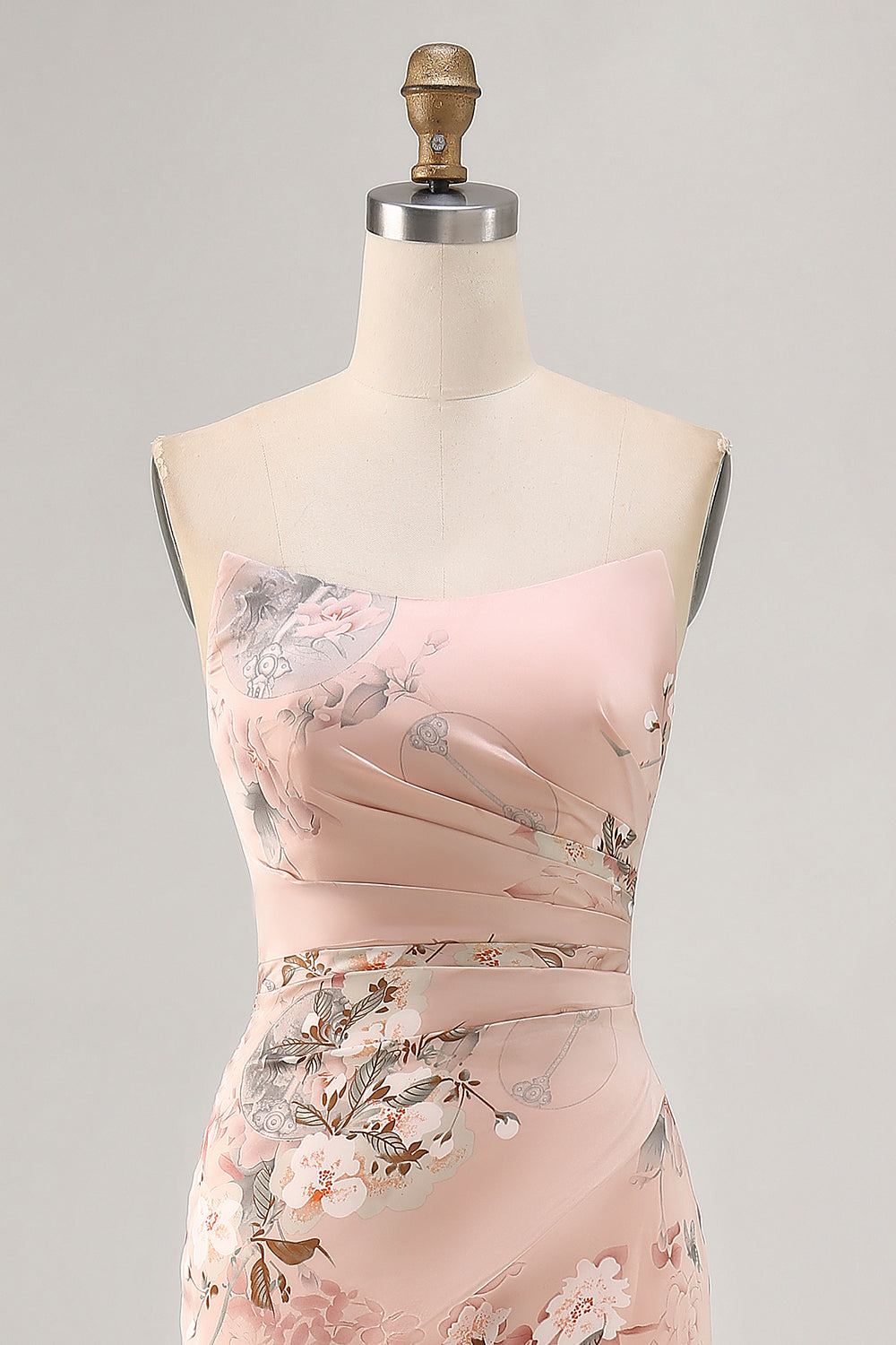Blush Floral Strapless Sheath Long Bridesmaid Dress with Slit