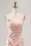 Blush Floral Strapless Sheath Long Bridesmaid Dress with Slit