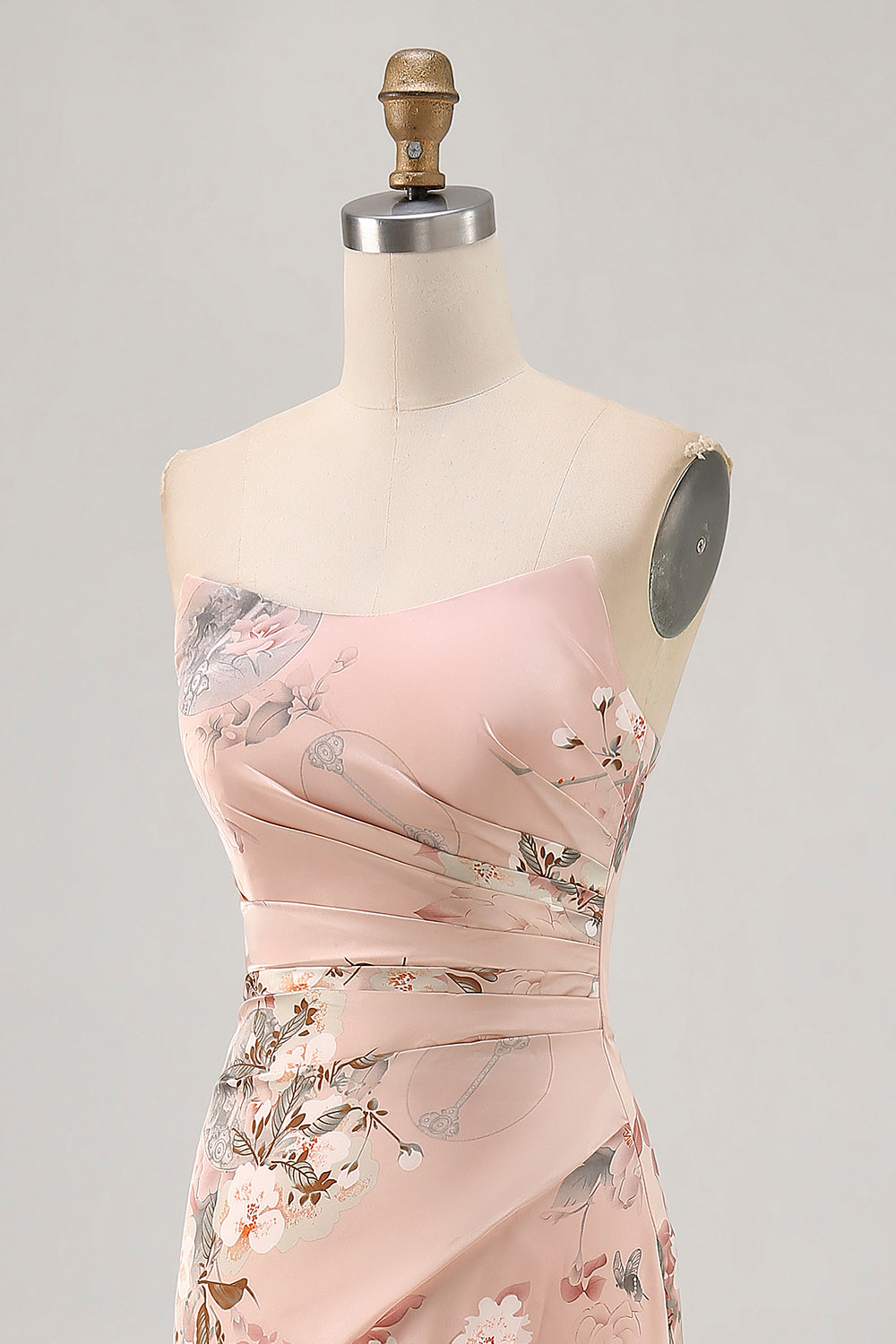 Blush Floral Strapless Sheath Long Bridesmaid Dress with Slit